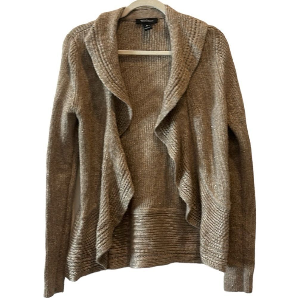 WHBM White House Black Market Gold Thread Ruffle Cardigan Sweater Med Wool Blend